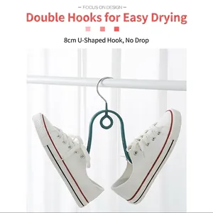 Durable U-shaped green shoe drying rack hanger with hooks for drying sneakers on balcony