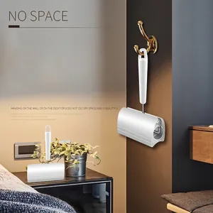 Handheld lint roller for pet hair removal with wall-mounted hook and desktop storage.