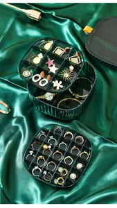 Macro view showing the many internal compartments of a green multi-layered jewelry box