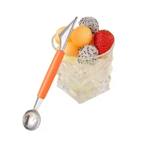 Double-head stainless steel fruit baller scooper and carving knife for fruit platters.
