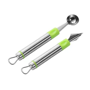 Professional stainless steel fruit baller scooper and carving knife set with green grips