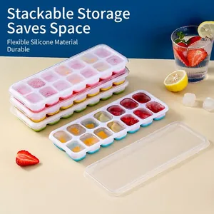Stackable 14-grid silicone ice cube tray with lid, flexible soft bottom for easy release