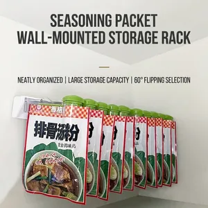 Wall-mounted seasoning bag organizer rack with rotating sealing clips for kitchen
