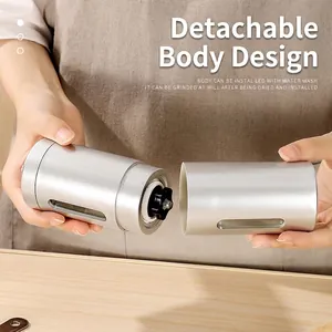 Portable manual coffee grinder with a silver stainless steel finish and detachable body.