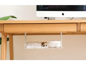 Under-desk cable management rack holding a white calculator and router