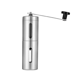 Portable stainless steel manual coffee bean grinder with a clear viewing window