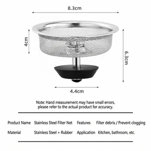 Stainless steel kitchen sink mesh strainer with rubber stopper and dimensions 8.3x6.3cm
