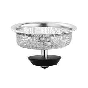 Durable stainless steel mesh kitchen sink strainer with a black rubber stopper base