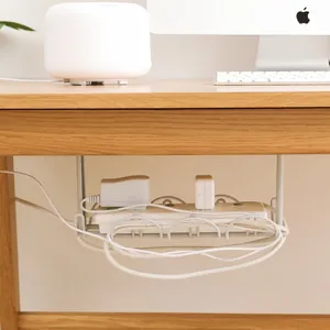 Minimalist white under-desk cable management tray for power strip and wire organization