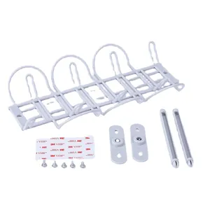 White under-desk cable management tray with adhesive and screws for office organization.