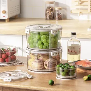 Transparent PET Fridge Storage Box with Timing Lid and Drain Tray Refrigerator Food Container for Vegetable Fruit Kitchen Organization