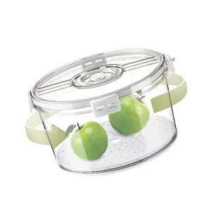 Transparent fridge food storage container with timer lid and drainage tray for fruits