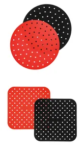 Heat-resistant red and black perforated silicone air fryer liners in round and square shapes