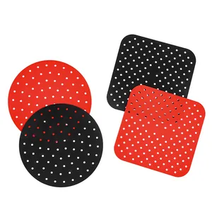 Reusable perforated silicone air fryer liners set in round and square shapes, red and black