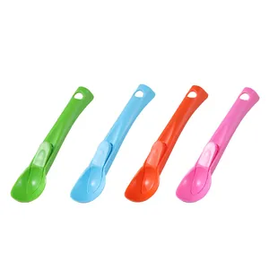 Set of four colorful plastic ice cream scoops with mechanical trigger release.