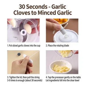 Manual mini food processor and garlic chopper with pull string mechanism for kitchen spices