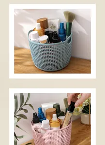 Hollow plastic desktop storage baskets for organizing cosmetics and daily skincare items.