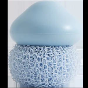 Hellblaue Küchenreinigungsbürste mit ergonomischem Griff und blauer Faserkugel