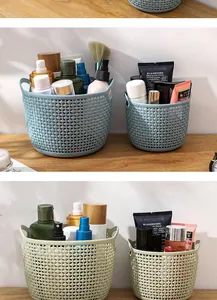 Detailed view of hollow woven plastic storage baskets holding various skincare products.