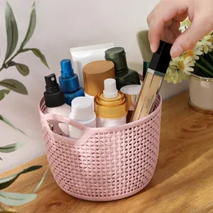 Pink plastic hollow-out desktop storage basket for cosmetics organizer