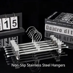 Non-slip stainless steel pants hangers with clips, white space-saving design for closets