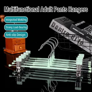 Multifunctional non-slip stainless steel pants hanger with adjustable clips in light green