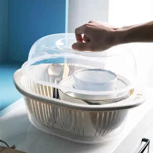 Large double-layer kitchen draining basket with clear lid for washing and storage