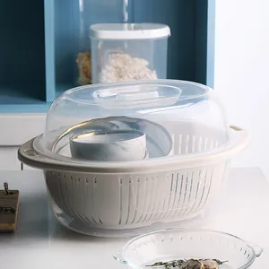 Multifunctional double-layer plastic draining basket with transparent lid for kitchen storage
