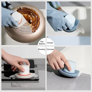 Versatile carborundum sponge cleaning brush with handle for kitchen and bathroom.