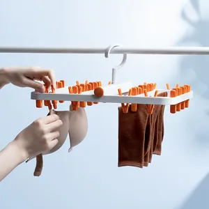 Foldable Plastic Multi-Clip Socks Hanger Windproof Underwear Drying Rack Home Laundry Organization 360 Rotating Hook