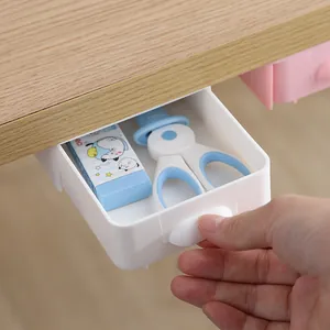Hidden under-desk sticky drawer storage box for office stationery and small items