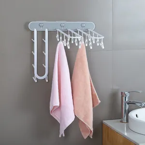 Wall Mounted Foldable Sock Rack One-Press Drying Hanger With Multi Clips For Underwear Towels Space Saving Plastic Laundry Storage Rack