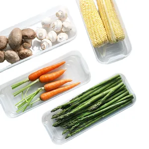 Set of 4 transparent plastic refrigerator food storage containers with fresh vegetables
