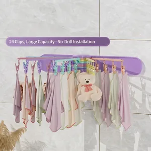 Wall-mounted foldable sock drying rack with 24 clips and punch-free installation