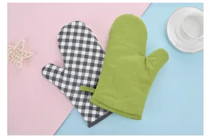 Gants de cuisine résistants à la chaleur en coton et lin, style vert et à carreaux