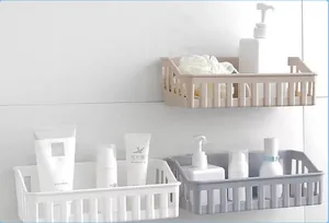 Wall-mounted plastic bathroom shelf organizer set in multiple neutral colors for toiletries