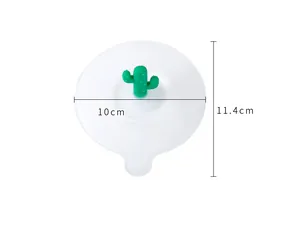 Round silicone cup lid with green cactus handle showing 10cm and 11.4cm dimensions