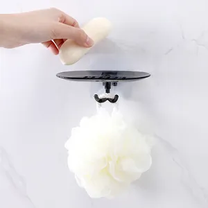 Wall-mounted black soap dish with drainage holes and hook for bathroom storage