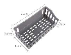 Detailed size measurements of the grey plastic wall-mounted bathroom storage basket
