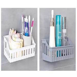 Detailed view of wall-mounted plastic bathroom organizers in white and grey colors