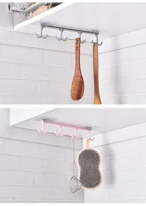 Self-adhesive under-cabinet kitchen hook rack organizing utensils and cleaning tools