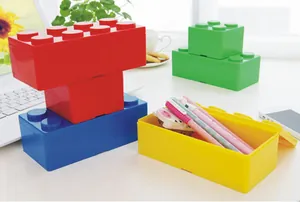Vibrant stackable building block storage boxes used for desk stationery organization