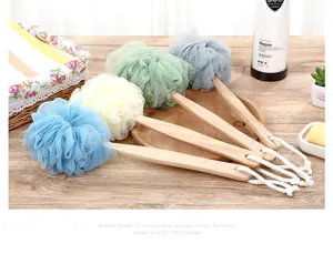 Long handle bath loofah sponge with wooden handle for back scrubbing in multiple colors