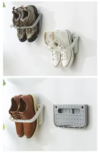 Wall-mounted folding shoe rack organizer showing folded and expanded states with shoes.