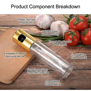 Pulverizador de aceite de vidrio con bomba dorada de acero para cocina y barbacoa