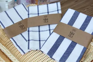 Set of three premium Japanese style linen napkins featuring blue striped and checkered patterns