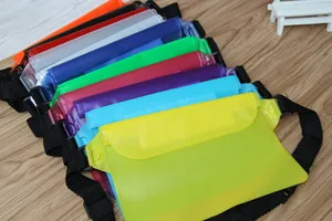 Detailed view of colorful PVC waterproof waist bags for swimming and drifting activities