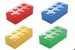 Set of four stackable building block storage boxes in red, blue, yellow, and green colors.