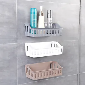 Set of three wall-mounted punch-free bathroom plastic storage shelves for toiletries