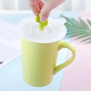 Creative silicone cup lid featuring a cute green cactus handle for dustproof sealing protection
